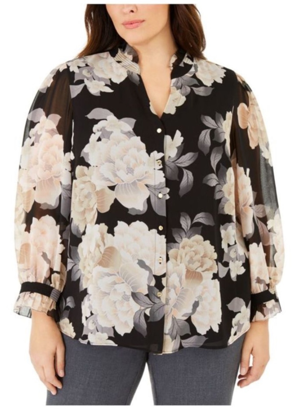 Calvin Klein Plus Size Black Floral Button-Front Blouse with Cream Blooms